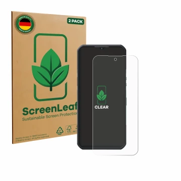 Vorderseite einer Produktverpackung mit dem Markenlogo ScreenLeaf. Daneben ist das Gerät Oukitel WP55 Pro mit dem zugehörigen 