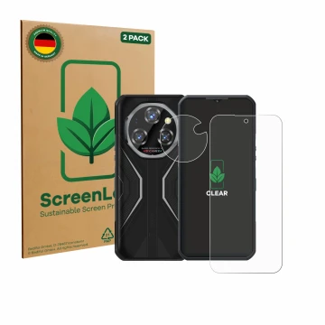 Vorderseite einer Produktverpackung mit dem Markenlogo ScreenLeaf. Daneben ist das Gerät Oukitel WP55 Pro (Display+Kamera) mit