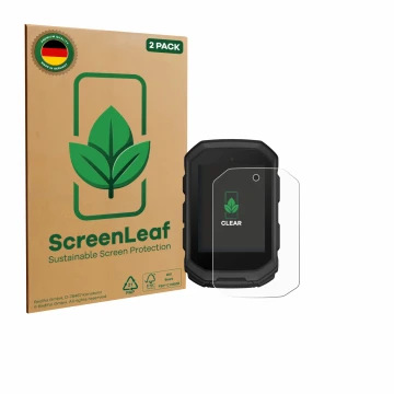 Vorderseite einer Produktverpackung mit dem Markenlogo ScreenLeaf. Daneben ist das Gerät Garmin Edge MTB mit dem zugehörigen D