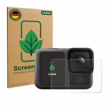 Vorderseite einer Produktverpackung mit dem Markenlogo ScreenLeaf. Daneben ist das Gerät GoPro Hero 13 Black Ultra Wide Editio