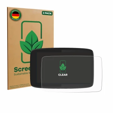 Vorderseite einer Produktverpackung mit dem Markenlogo ScreenLeaf. Daneben ist das Gerät TomTom GO Camper Tour mit dem zugehör