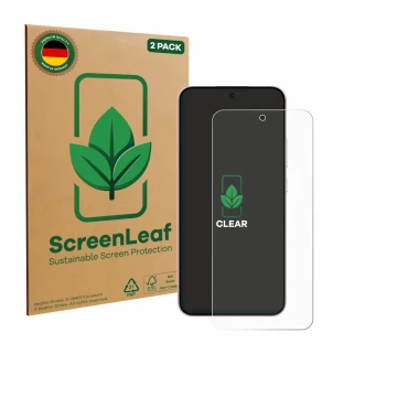 Vorderseite einer Produktverpackung mit dem Markenlogo ScreenLeaf. Daneben ist das Gerät Oppo Reno 14 F mit dem zugehörigen Di
