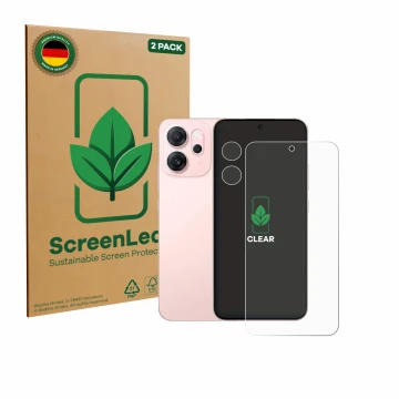 Vorderseite einer Produktverpackung mit dem Markenlogo ScreenLeaf. Daneben ist das Gerät Oppo Reno 14 F (Display+Kamera) mit d