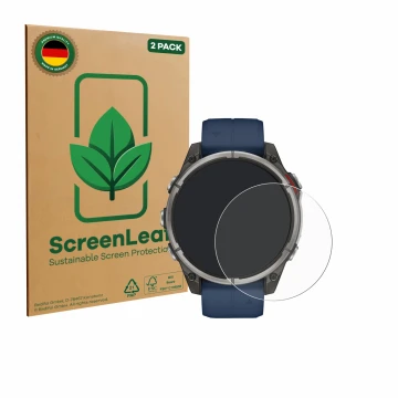 Vorderseite einer Produktverpackung mit dem Markenlogo ScreenLeaf. Daneben ist das Gerät Garmin quatix 8 (47 mm) mit dem zugeh
