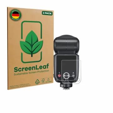 Vorderseite einer Produktverpackung mit dem Markenlogo ScreenLeaf. Daneben ist das Gerät Godox V100 mit dem zugehörigen Displa