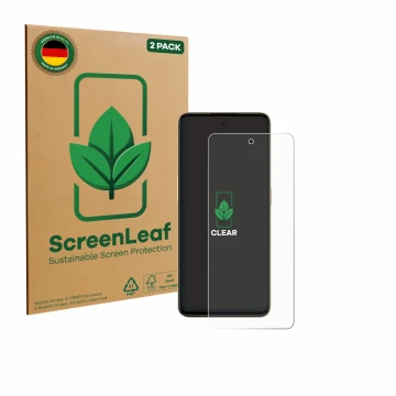 Vorderseite einer Produktverpackung mit dem Markenlogo ScreenLeaf. Daneben ist das Gerät Nubia Neo 3 mit dem zugehörigen Displ