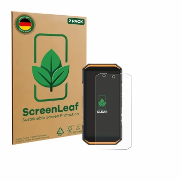 Vorderseite einer Produktverpackung mit dem Markenlogo ScreenLeaf. Daneben ist das Gerät Ulefone Armor X32 Pro mit dem zugehör
