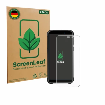 Vorderseite einer Produktverpackung mit dem Markenlogo ScreenLeaf. Daneben ist das Gerät Oukitel WP32 Pro mit dem zugehörigen 