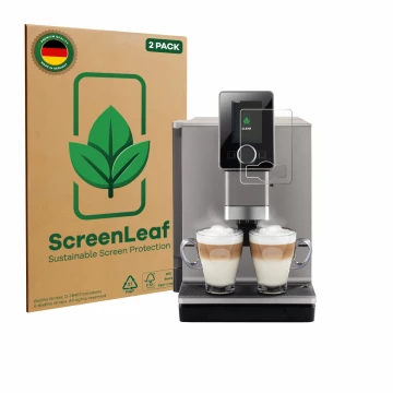 Vorderseite einer Produktverpackung mit dem Markenlogo ScreenLeaf. Daneben ist das Gerät Nivona NICR 930 CafeRomatica mit dem 