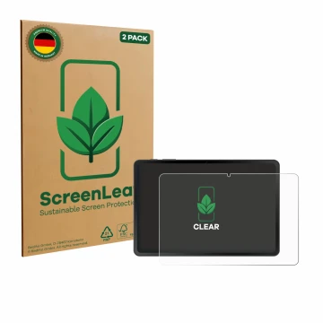 Vorderseite einer Produktverpackung mit dem Markenlogo ScreenLeaf. Daneben ist das Gerät Doogee Tab A9 mit dem zugehörigen Dis