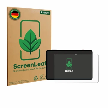 Vorderseite einer Produktverpackung mit dem Markenlogo ScreenLeaf. Daneben ist das Gerät Redmagic Astra NP05J mit dem zugehöri