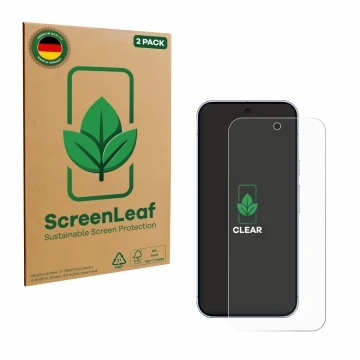Vorderseite einer Produktverpackung mit dem Markenlogo ScreenLeaf. Daneben ist das Gerät Google Pixel 10 Pro XL mit dem zugehö