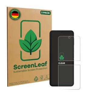 Vorderseite einer Produktverpackung mit dem Markenlogo ScreenLeaf. Daneben ist das Gerät Samsung Galaxy Z Flip 7 FE mit dem zu