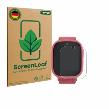 Vorderseite einer Produktverpackung mit dem Markenlogo ScreenLeaf. Daneben ist das Gerät Xplora X6 Play 2025 (2. Generation) m