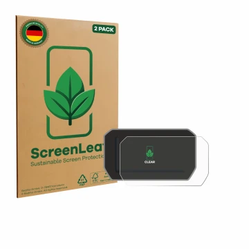 Vorderseite einer Produktverpackung mit dem Markenlogo ScreenLeaf. Daneben ist das Gerät Ducati V4S 2021 Tachoanzeige mit dem 