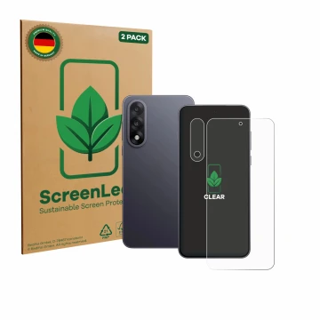 Vorderseite einer Produktverpackung mit dem Markenlogo ScreenLeaf. Daneben ist das Gerät OnePlus Nord 5 (Display+Kamera) mit d