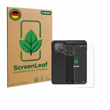 Vorderseite einer Produktverpackung mit dem Markenlogo ScreenLeaf. Daneben ist das Gerät Emporia Smart ME7 (Display+Kamera) mi