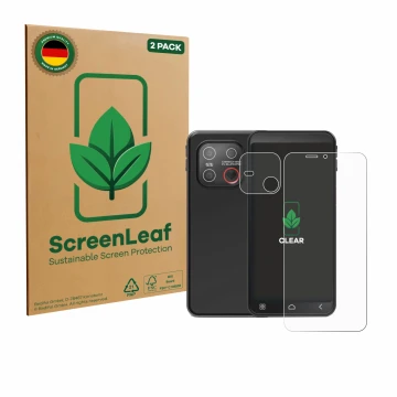 Vorderseite einer Produktverpackung mit dem Markenlogo ScreenLeaf. Daneben ist das Gerät Emporia Smart 7 Lite (Display+Kamera)