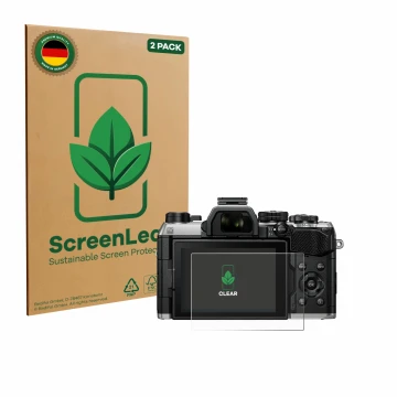 Vorderseite einer Produktverpackung mit dem Markenlogo ScreenLeaf. Daneben ist das Gerät Olympus OM System OM-5 Mark II mit de