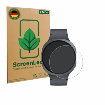 Vorderseite einer Produktverpackung mit dem Markenlogo ScreenLeaf. Daneben ist das Gerät Samsung Galaxy Watch 8 (44 mm) mit de