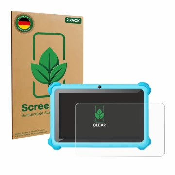 Vorderseite einer Produktverpackung mit dem Markenlogo ScreenLeaf. Daneben ist das Gerät zcobro KIDS710 7