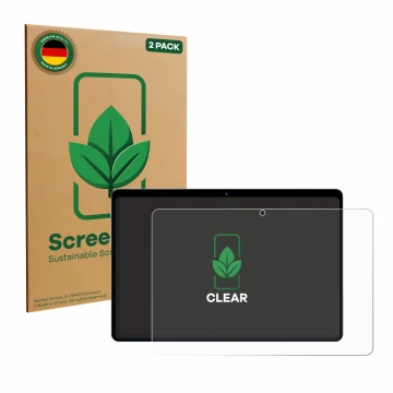 Vorderseite einer Produktverpackung mit dem Markenlogo ScreenLeaf. Daneben ist das Gerät fezawio F10 10.1