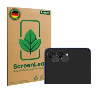 Vorderseite einer Produktverpackung mit dem Markenlogo ScreenLeaf. Daneben ist das Gerät Samsung Galaxy Z Flip 7 (NUR Kamerasc