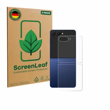 Vorderseite einer Produktverpackung mit dem Markenlogo ScreenLeaf. Daneben ist das Gerät Samsung Galaxy Z Flip 7 (Rückseite) m