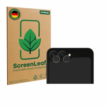 Vorderseite einer Produktverpackung mit dem Markenlogo ScreenLeaf. Daneben ist das Gerät Samsung Galaxy Z Flip 7 FE (NUR Kamer