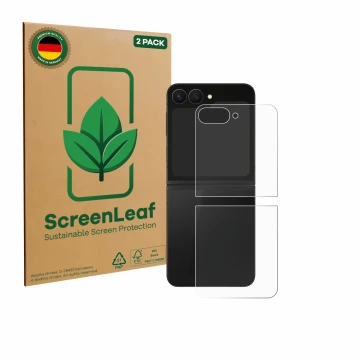 Vorderseite einer Produktverpackung mit dem Markenlogo ScreenLeaf. Daneben ist das Gerät Samsung Galaxy Z Flip 7 FE (Rückseite