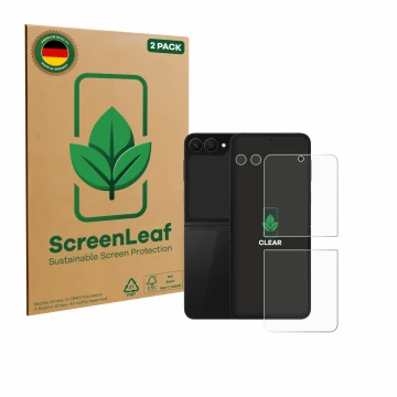 Vorderseite einer Produktverpackung mit dem Markenlogo ScreenLeaf. Daneben ist das Gerät Samsung Galaxy Z Flip 7 FE (Display+K