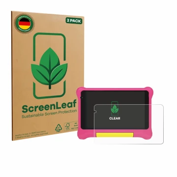 Vorderseite einer Produktverpackung mit dem Markenlogo ScreenLeaf. Daneben ist das Gerät Happybe Kids Tablet 7
