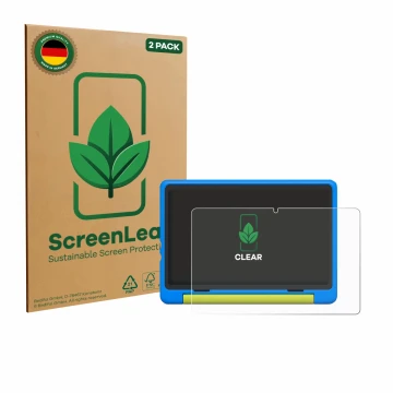 Vorderseite einer Produktverpackung mit dem Markenlogo ScreenLeaf. Daneben ist das Gerät Happybe Kids Tablet 10