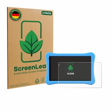 Vorderseite einer Produktverpackung mit dem Markenlogo ScreenLeaf. Daneben ist das Gerät Awow funtab 1001 10.1