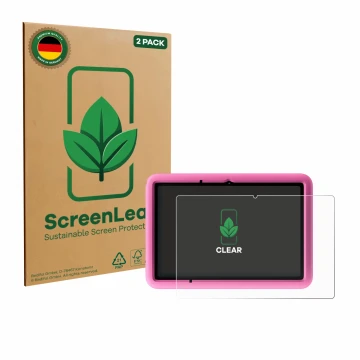 Vorderseite einer Produktverpackung mit dem Markenlogo ScreenLeaf. Daneben ist das Gerät Blackview Tab A6 Kids mit dem zugehör