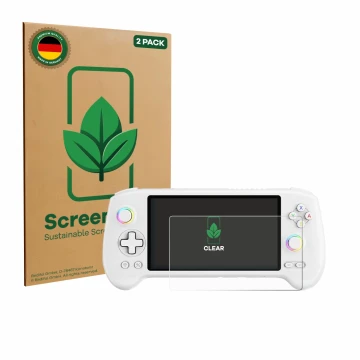 Vorderseite einer Produktverpackung mit dem Markenlogo ScreenLeaf. Daneben ist das Gerät Anbernic RG557 mit dem zugehörigen Di