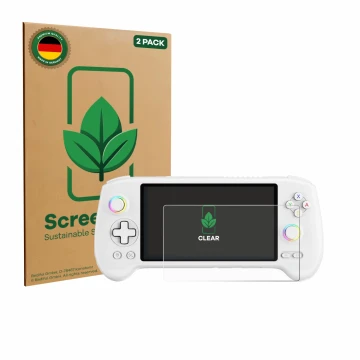 Vorderseite einer Produktverpackung mit dem Markenlogo ScreenLeaf. Daneben ist das Gerät Anbernic RG556 mit dem zugehörigen Di