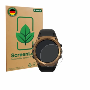 Vorderseite einer Produktverpackung mit dem Markenlogo ScreenLeaf. Daneben ist das Gerät Shearwater Teric dive computer mit de