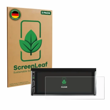 Vorderseite einer Produktverpackung mit dem Markenlogo ScreenLeaf. Daneben ist das Gerät Hikity Carplay 6.86