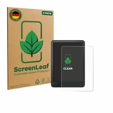Vorderseite einer Produktverpackung mit dem Markenlogo ScreenLeaf. Daneben ist das Gerät Amazon Kindle Colorsoft mit dem zugeh