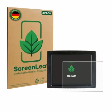 Vorderseite einer Produktverpackung mit dem Markenlogo ScreenLeaf. Daneben ist das Gerät John Deere GreenStar mit dem zugehöri