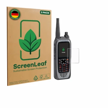 Vorderseite einer Produktverpackung mit dem Markenlogo ScreenLeaf. Daneben ist das Gerät Icom IC-A25NE /IC-A25CE mit dem zugeh