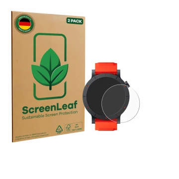 Vorderseite einer Produktverpackung mit dem Markenlogo ScreenLeaf. Daneben ist das Gerät Nothing CMF Watch 3 Pro mit dem zugeh