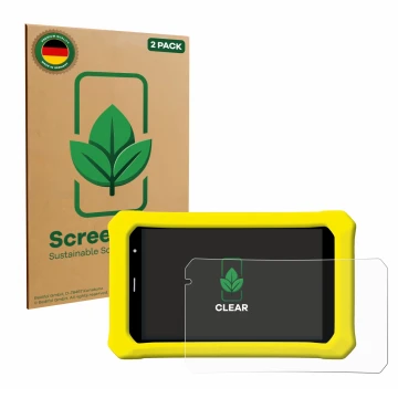 Vorderseite einer Produktverpackung mit dem Markenlogo ScreenLeaf. Daneben ist das Gerät Clementoni Clempad 8