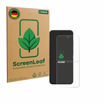 Vorderseite einer Produktverpackung mit dem Markenlogo ScreenLeaf. Daneben ist das Gerät Xiaomi MIX Flip mit dem zugehörigen D