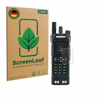 Vorderseite einer Produktverpackung mit dem Markenlogo ScreenLeaf. Daneben ist das Gerät Baofeng DM-32 mit dem zugehörigen Dis