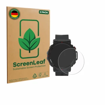 Vorderseite einer Produktverpackung mit dem Markenlogo ScreenLeaf. Daneben ist das Gerät Crivit Sport-Smartwatch mit dem zugeh