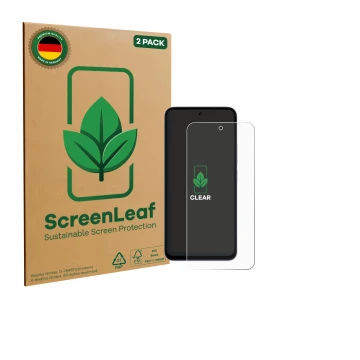 Vorderseite einer Produktverpackung mit dem Markenlogo ScreenLeaf. Daneben ist das Gerät Xiaomi Redmi 15 4G mit dem zugehörige