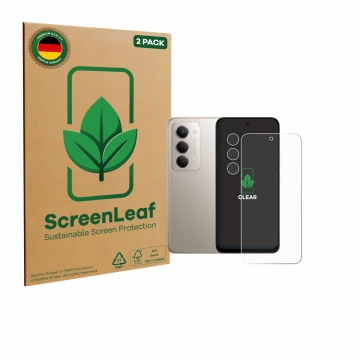 Vorderseite einer Produktverpackung mit dem Markenlogo ScreenLeaf. Daneben ist das Gerät Xiaomi Redmi 15 4G (Display+Kamera) m