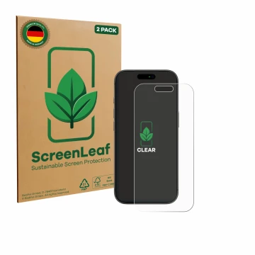 Vorderseite einer Produktverpackung mit dem Markenlogo ScreenLeaf. Daneben ist das Gerät Apple iPhone 17 Pro mit dem zugehörig